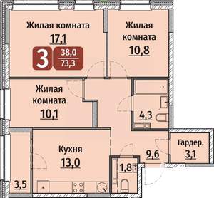 3-к квартира, вторичка, 73м2, 17/17 этаж