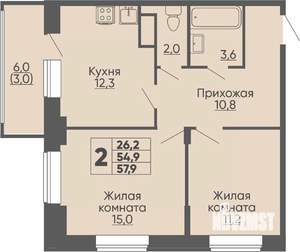 2-к квартира, строящийся дом, 58м2, 2/16 этаж