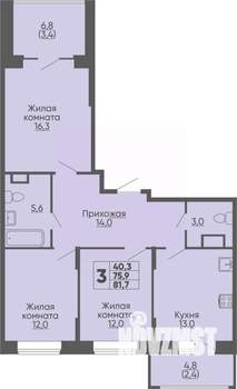 3-к квартира, строящийся дом, 82м2, 2/16 этаж