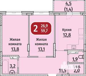 2-к квартира, вторичка, 60м2, 6/9 этаж