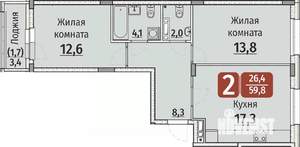 2-к квартира, строящийся дом, 62м2, 4/9 этаж