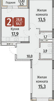 2-к квартира, строящийся дом, 66м2, 7/9 этаж