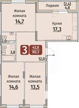 3-к квартира, строящийся дом, 83м2, 3/9 этаж