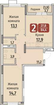 2-к квартира, строящийся дом, 64м2, 9/9 этаж
