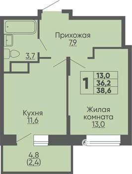 1-к квартира, строящийся дом, 39м2, 6/16 этаж