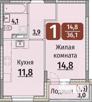 1-к квартира, строящийся дом, 38м2, 8/9 этаж