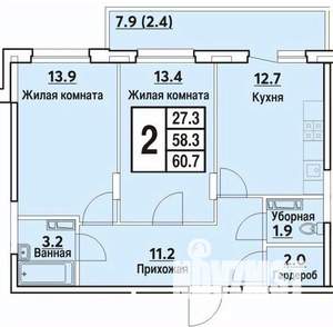 2-к квартира, вторичка, 61м2, 6/9 этаж