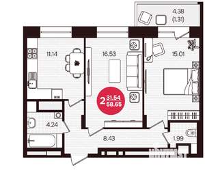 2-к квартира, вторичка, 59м2, 16/16 этаж