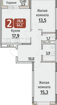 2-к квартира, строящийся дом, 66м2, 2/9 этаж