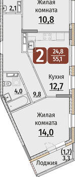 2-к квартира, строящийся дом, 55м2, 8/9 этаж