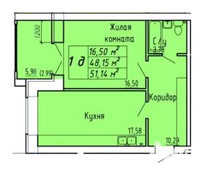 1-к квартира, строящийся дом, 51м2, 1/9 этаж