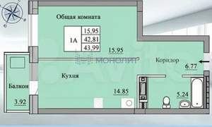 1-к квартира, вторичка, 44м2, 4/16 этаж