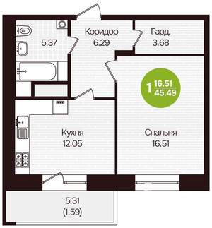 1-к квартира, вторичка, 45м2, 13/16 этаж