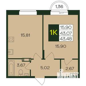 1-к квартира, вторичка, 44м2, 5/12 этаж