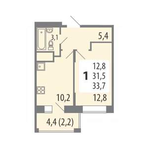 1-к квартира, строящийся дом, 34м2, 10/15 этаж