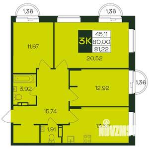 3-к квартира, вторичка, 82м2, 4/12 этаж