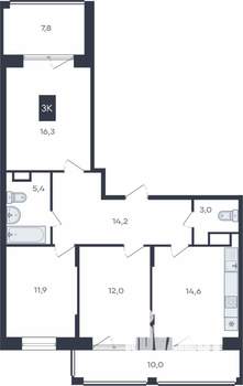 3-к квартира, вторичка, 86м2, 2/16 этаж