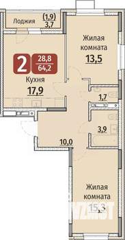 2-к квартира, строящийся дом, 66м2, 5/9 этаж