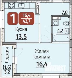 1-к квартира, строящийся дом, 44м2, 6/9 этаж