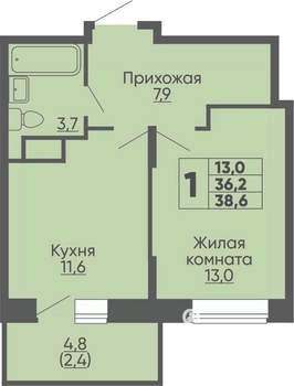 1-к квартира, строящийся дом, 39м2, 7/16 этаж