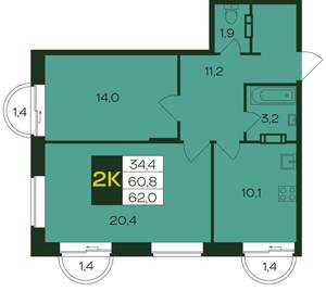 2-к квартира, вторичка, 62м2, 4/12 этаж