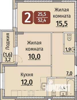 2-к квартира, строящийся дом, 54м2, 1/9 этаж
