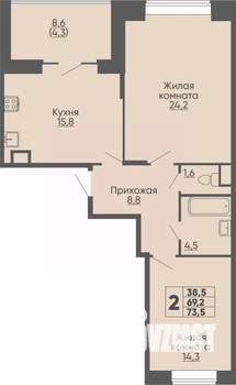 2-к квартира, строящийся дом, 74м2, 2/16 этаж