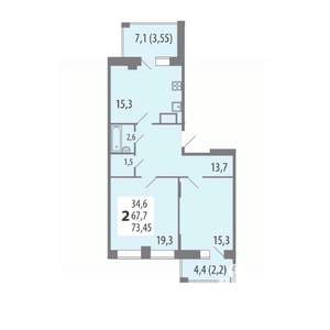 2-к квартира, строящийся дом, 73м2, 10/15 этаж