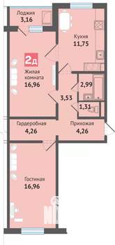 2-к квартира, строящийся дом, 65м2, 12/16 этаж