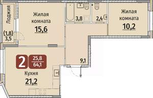 2-к квартира, строящийся дом, 66м2, 1/9 этаж