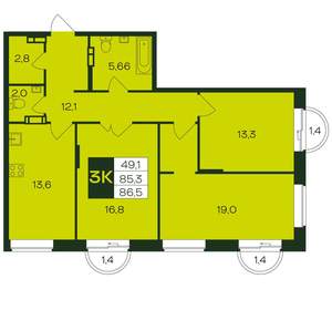 3-к квартира, вторичка, 89м2, 5/12 этаж