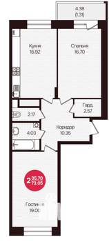 2-к квартира, вторичка, 73м2, 13/16 этаж