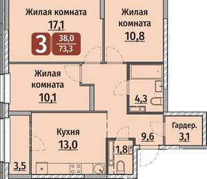 3-к квартира, вторичка, 73м2, 15/17 этаж