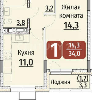 1-к квартира, вторичка, 34м2, 3/17 этаж