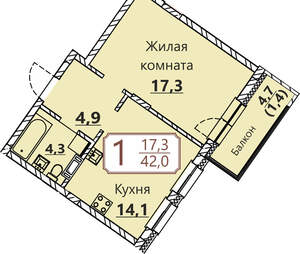 1-к квартира, вторичка, 42м2, 6/8 этаж