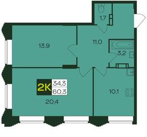 2-к квартира, вторичка, 61м2, 1/12 этаж