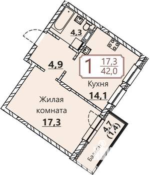 1-к квартира, вторичка, 42м2, 5/8 этаж