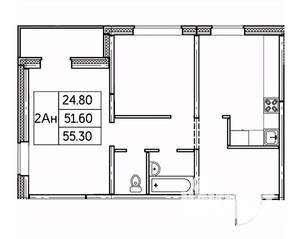 2-к квартира, строящийся дом, 55м2, 24/24 этаж