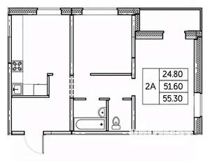 2-к квартира, строящийся дом, 55м2, 24/24 этаж