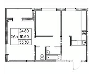 2-к квартира, строящийся дом, 55м2, 21/24 этаж