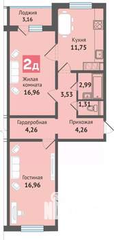 2-к квартира, строящийся дом, 65м2, 16/16 этаж