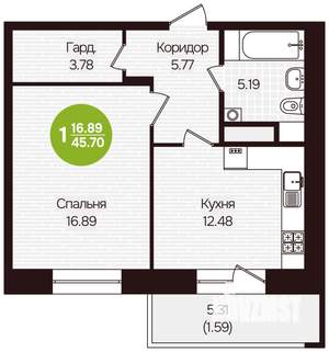 1-к квартира, вторичка, 46м2, 9/16 этаж