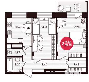 2-к квартира, вторичка, 59м2, 5/16 этаж
