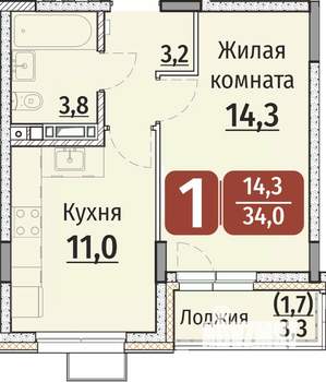 1-к квартира, строящийся дом, 34м2, 5/9 этаж