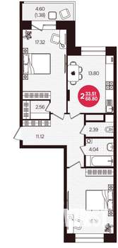 2-к квартира, вторичка, 69м2, 7/16 этаж