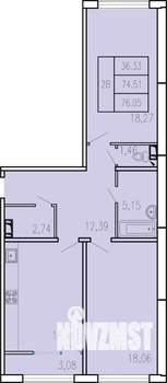 2-к квартира, вторичка, 76м2, 4/5 этаж