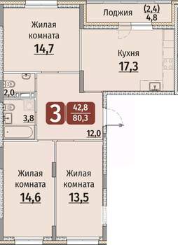 3-к квартира, строящийся дом, 83м2, 2/9 этаж