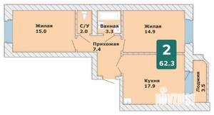 2-к квартира, вторичка, 62м2, 2/9 этаж
