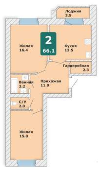 2-к квартира, вторичка, 66м2, 9/9 этаж