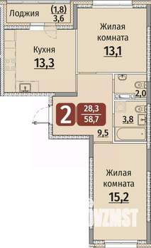2-к квартира, строящийся дом, 60м2, 8/9 этаж